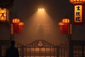 午夜图书馆高书架与垂落吊灯的构图